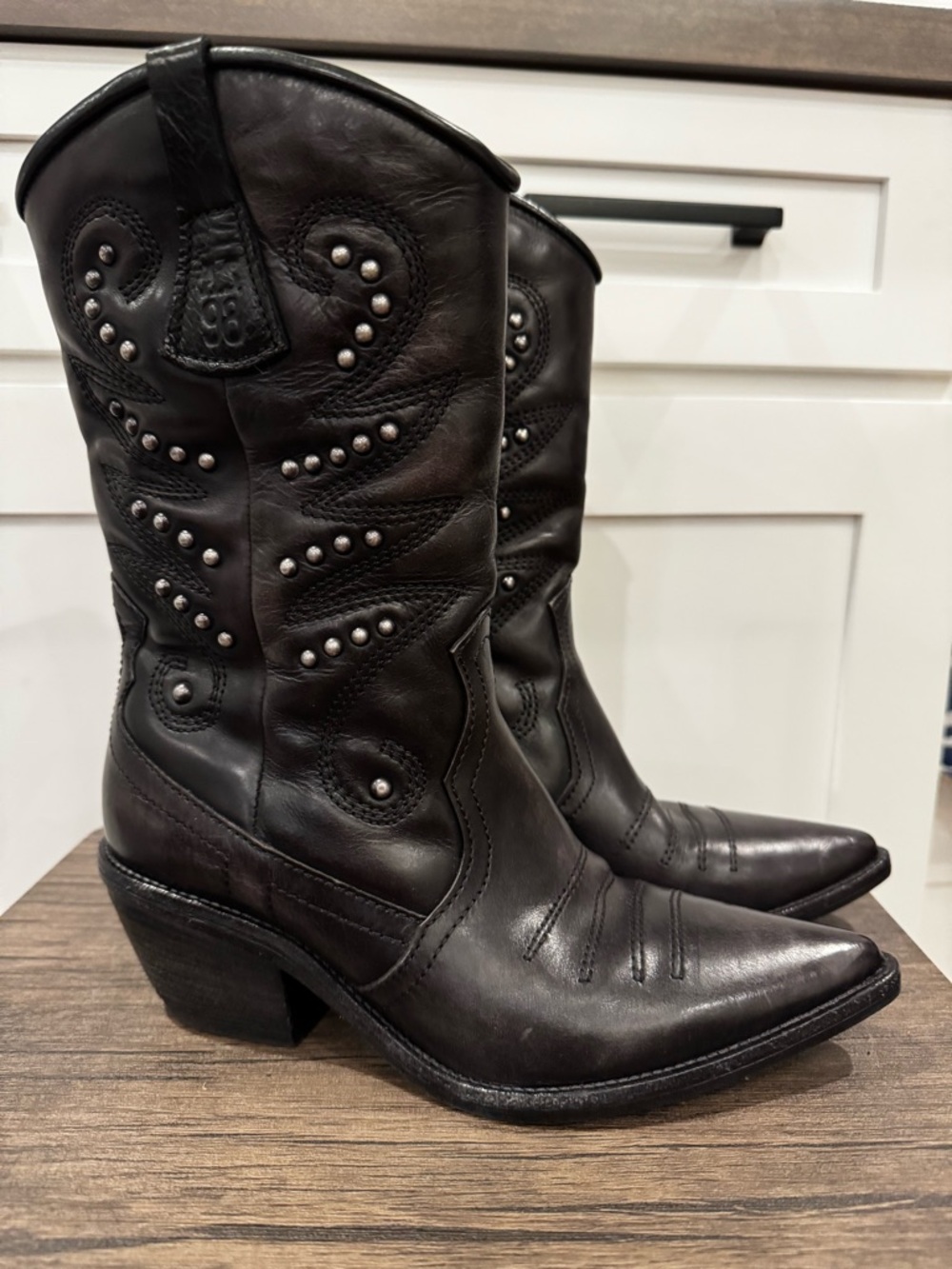 A.S.98 Black Stud-Embellished Western Leather Boots